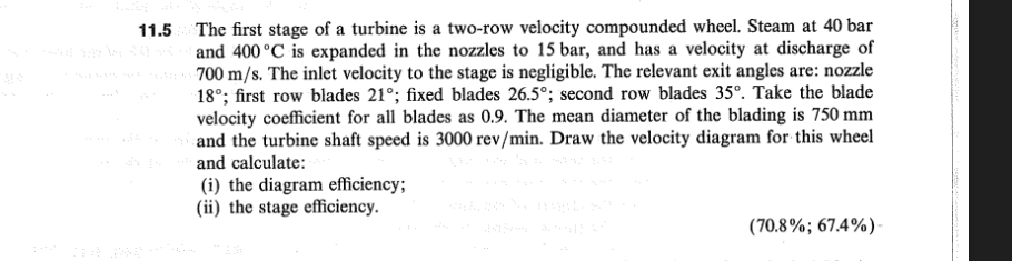 11 5 The First Stage Of A Turbine Is A Two Row Velocity Compounded Wheel Steam At 40 Bar And 400 C Is Expanded In The N 1