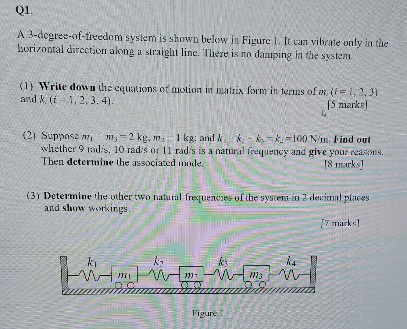 Q1 A 3 Degree Of Freedom System Is Shown Below In Figure 1 It Can Vibrate Only In The Horizontal Direction Along A Str 1