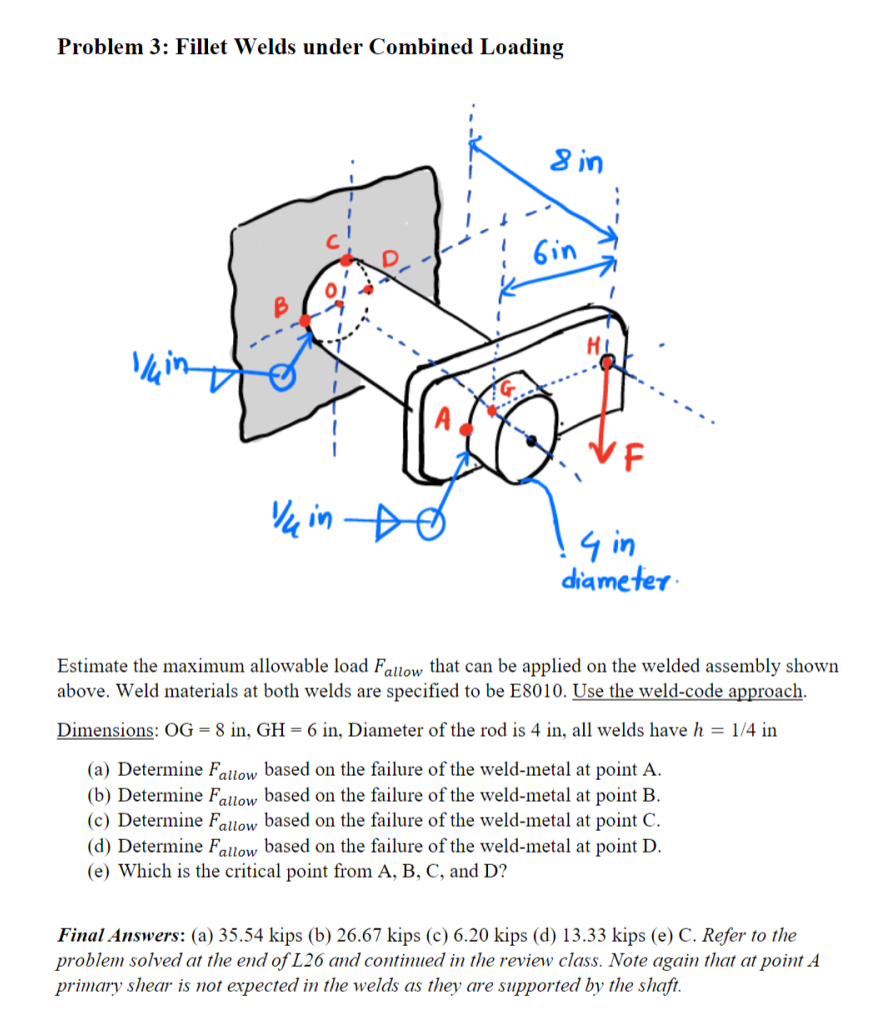 Problem 3 Fillet Welds Under Combined Loading 8 In Gin Yuin 4 In Diameter Estimate The Maximum Allowable Load Fallow Th 1