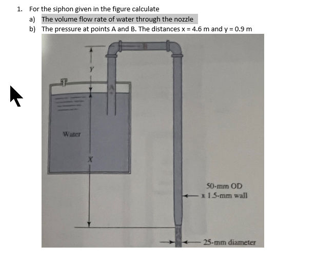 1 For The Siphon Given In The Figure Calculate A The Volume Flow Rate Of Water Through The Nozzle B The Pressure At P 1