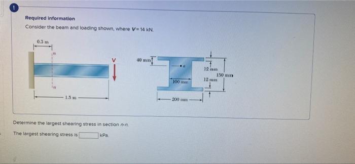 Required Information Consider The Beam And Loading Shown Where V 14 Kn 0 3 M 10 12 M 150 Mm 12 Mm 100 Min 1 5 200 Dete 1