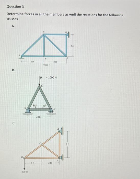Question 3 Determine Forces In All The Members As Well The Reactions For The Following Trusses A 2m 2 M 2m 400 N B P 1