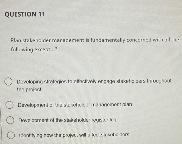 Question 11 Plan Stakeholder Management Is Fundamentally Concerned With All The Following Except O Developing Strate 1