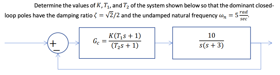 Determine The Values Of K T1 And T2 Of The System Shown Below So That The Dominant Closed Loop Poles Have The Damping 1