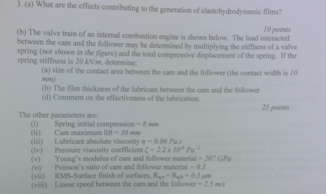 3 A What Are The Effects Contributing To The Generation Of Elastohydrodynamic Films 10 Points B The Valve Train Of 1