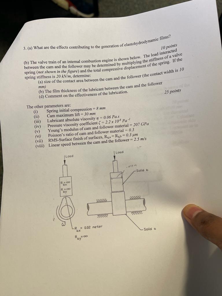 3 A What Are The Effects Contributing To The Generation Of Elastohydrodynamic Films 10 Points B The Valve Train Of 1