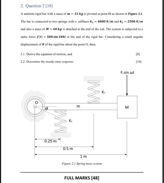 2 Question 2 18 A Uniform Rigid Bar With A Mass Of M 12 Kg Is Pivoted At Point O As Shown In Figure 2 1 The Bar Is 1
