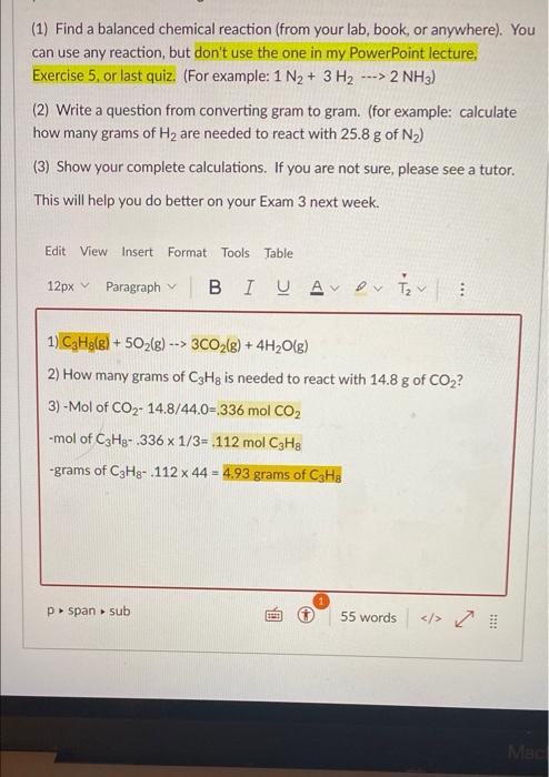 1 Find A Balanced Chemical Reaction From Your Lab Book Or Anywhere You Can Use Any Reaction But Don T Use The 1