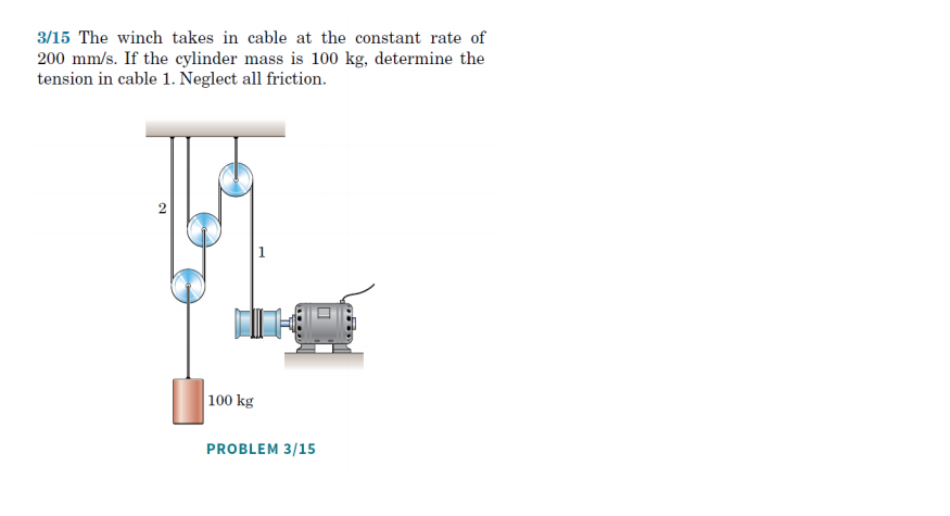 3 15 The Winch Takes In Cable At The Constant Rate Of 200 Mm S If The Cylinder Mass Is 100 Kg Determine The Tension In 1