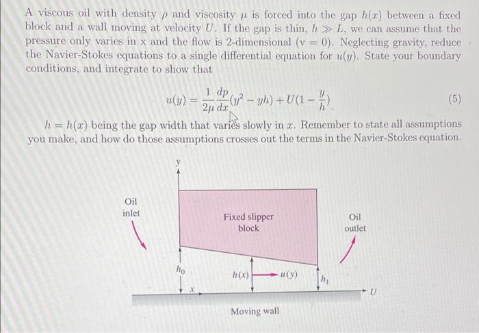 A Viscous Oil With Density P And Viscosity P Is Forced Into The Gap H Between A Fixed Block And A Wall Moving At Veloc 1