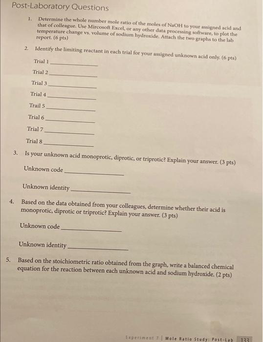 Section Date Mole Ratio Study Molarity Or Non 0 9804m 1 132m Molarity Of Unknown Acid Unknown Acid Id Code Fa University 2