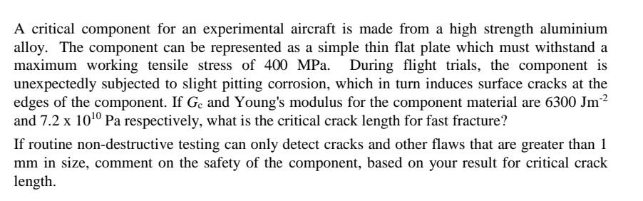 A Critical Component For An Experimental Aircraft Is Made From A High Strength Aluminium Alloy The Component Can Be Rep 1