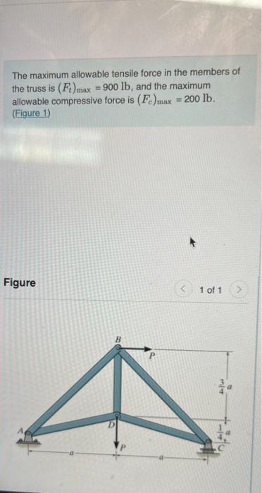 The Maximum Allowable Tensile Force In The Members Of The Truss Is Ft Max 900 Lb And The Maximum Allowable Compressi 1
