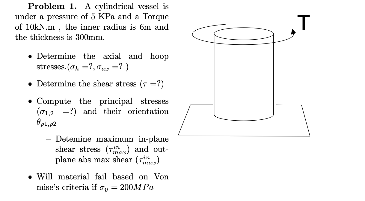 Problem 1 A Cylindrical Vessel Is Under A Pressure Of 5 Kpa And A Torque Of 10kn M The Inner Radius Is 6m And The Thi 1
