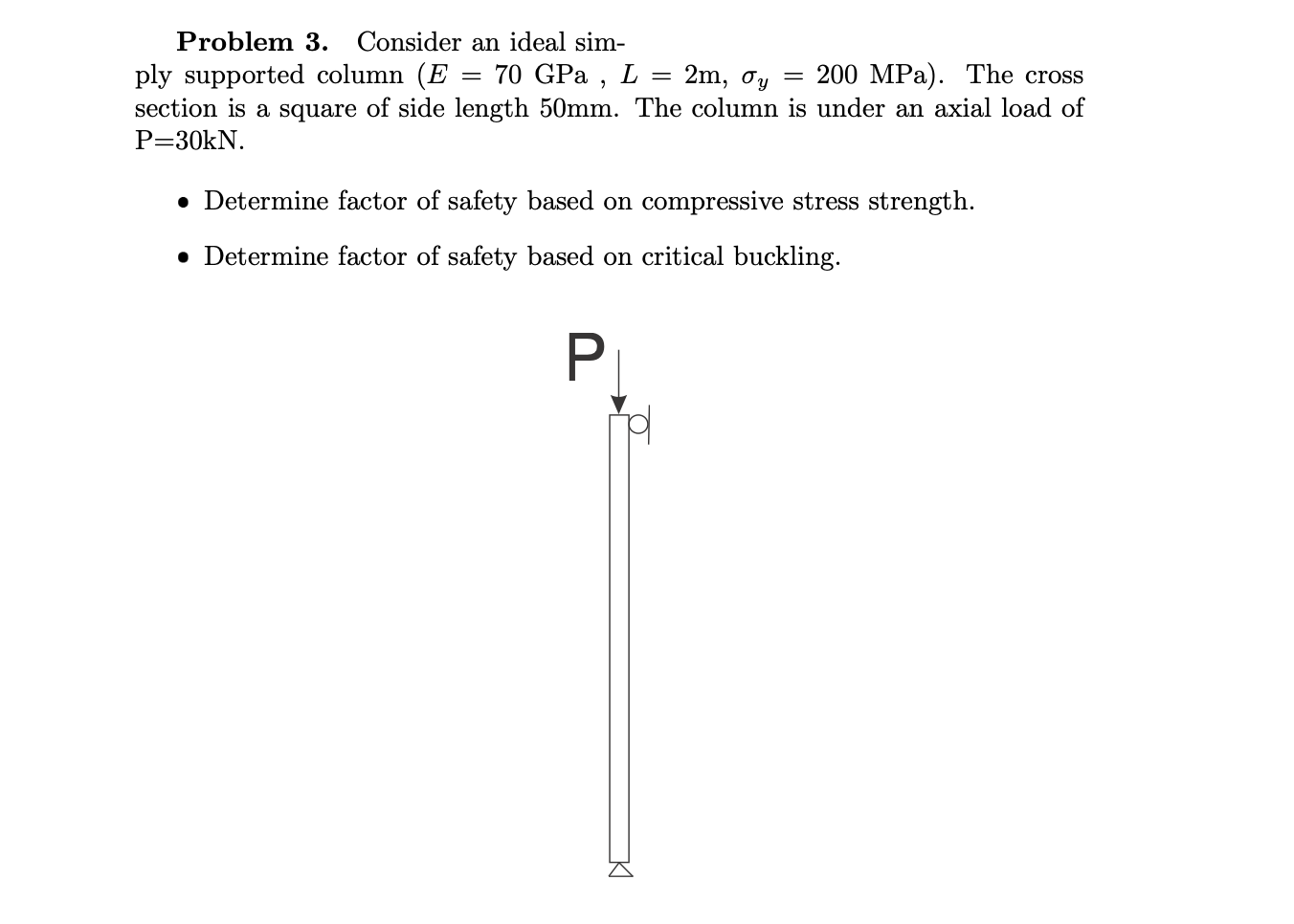 2m Oy Problem 3 Consider An Ideal Sim Ply Supported Column E 70 Gpa L 200 Mpa The Cross Section Is A Squ 1
