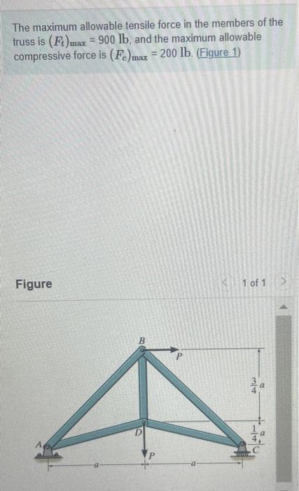 The Maximum Allowable Tensile Force In The Members Of The Truss Is Ft Max 900 Lb And The Maximum Allowable Compressi 1