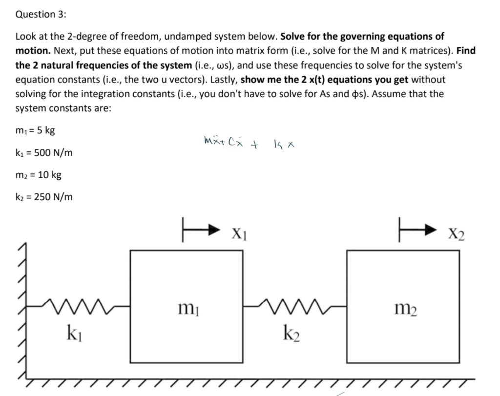 Question 3 Look At The 2 Degree Of Freedom Undamped System Below Solve For The Governing Equations Of Motion Next P 1