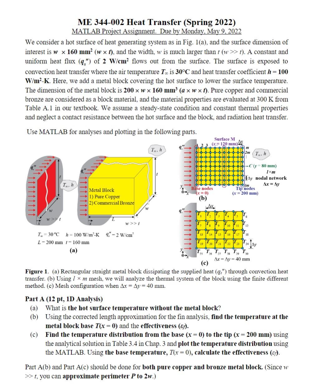 Me 344 002 Heat Transfer Spring 2022 Matlab Project Assignment Due By Monday May 9 2022 We Consider A Hot Surface O 1