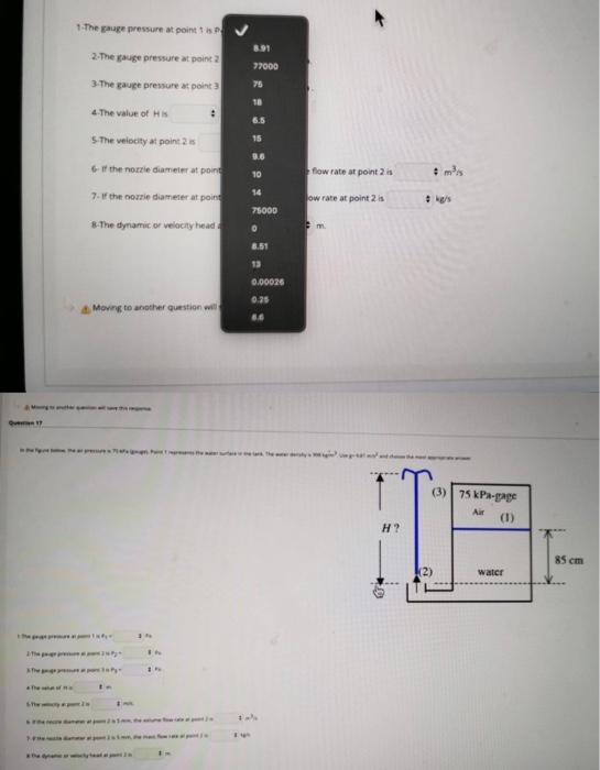 1 The Pruge Pressure At Points 77000 75 18 2 The Gauge Pressure At Point 2 3 The Gauge Pressure At Point 3 4 The Val 1