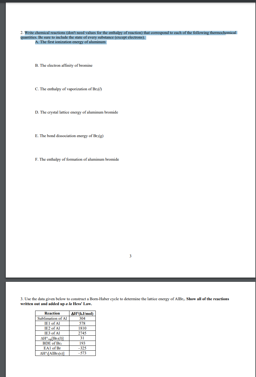 2 Write Chemical Reactions Don T Need Values For The Enthalpy Of Reaction That Correspond To Each Of The Following Th 1
