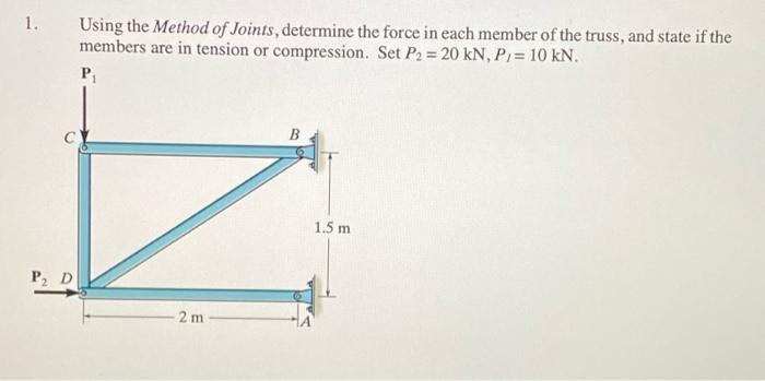 1 Using The Method Of Joints Determine The Force In Each Member Of The Truss And State If The Members Are In Tension 1