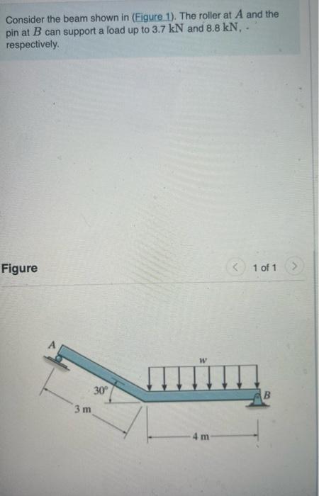 Consider The Beam Shown In Figure 1 The Roller At A And The Pin At B Can Support A Load Up To 3 7 Kn And 8 8 Kn Re 1