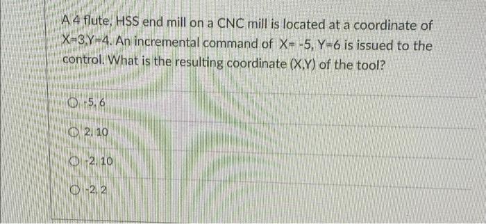 A 4 Flute Hss End Mill On A Cnc Mill Is Located At A Coordinate Of X C Y 4 An Incremental Command Of X 5 Y 6 Is Issu 1