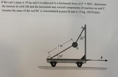 If The Cart S Mass Is 30 Kg And It Is Subjected To A Horizontal Force Of P 90n Determine The Tension In Cord Ab And T 1