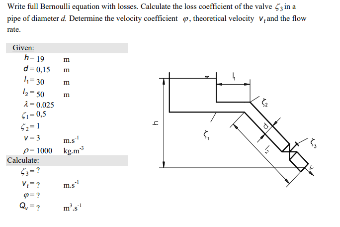 Write Full Bernoulli Equation With Losses Calculate The Loss Coefficient Of The Valve 53 In A Pipe Of Diameter D Deter 1
