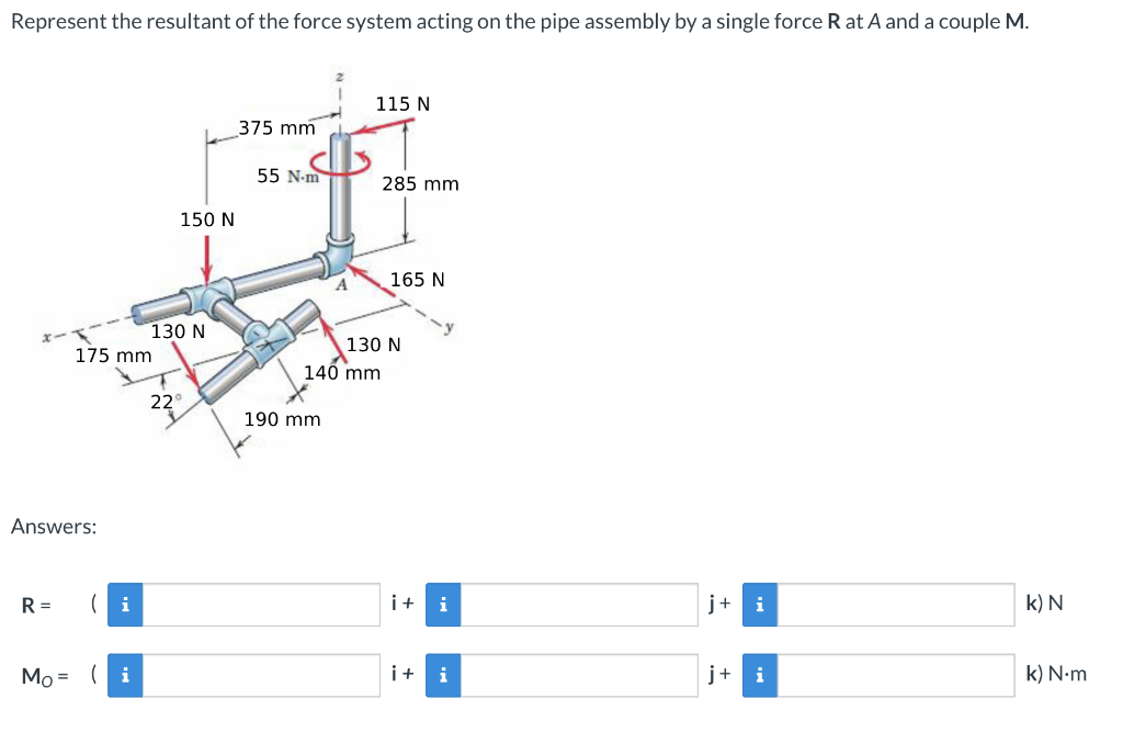 Represent The Resultant Of The Force System Acting On The Pipe Assembly By A Single Force Rat A And A Couple M 115 N 37 1