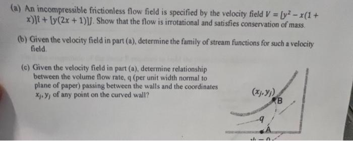 A An Incompressible Frictionless Flow Field Is Specified By The Velocity Field V Y2 1 X Ly 2x 1 Show 1