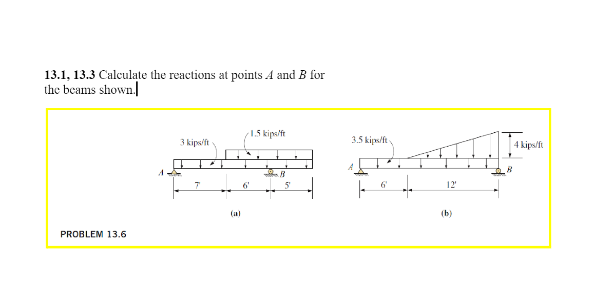 13 1 13 3 Calculate The Reactions At Points A And B For The Beams Shown 1 5 Kips Ft 3 Kips Ft 3 5 Kips Ft 4 Kips Ft A 1