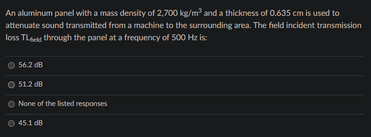 An Aluminum Panel With A Mass Density Of 2 700 Kg Mo And A Thickness Of 0 635 Cm Is Used To Attenuate Sound Transmitted 1