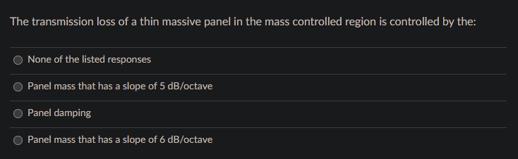 The Transmission Loss Of A Thin Massive Panel In The Mass Controlled Region Is Controlled By The None Of The Listed Res 1