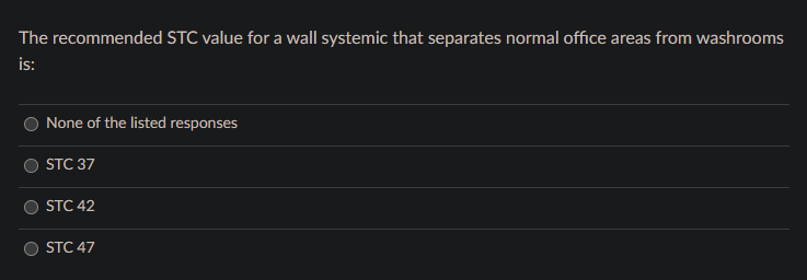 The Recommended Stc Value For A Wall Systemic That Separates Normal Office Areas From Washrooms Is None Of The Listed R 1