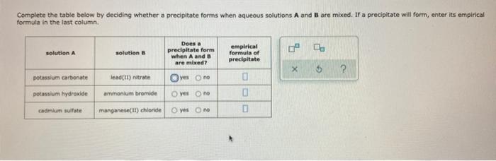Complete The Table Below By Deciding Whether A Precipitate Forms When Aqueous Solutions A And B Are Mixed If A Precipit 1