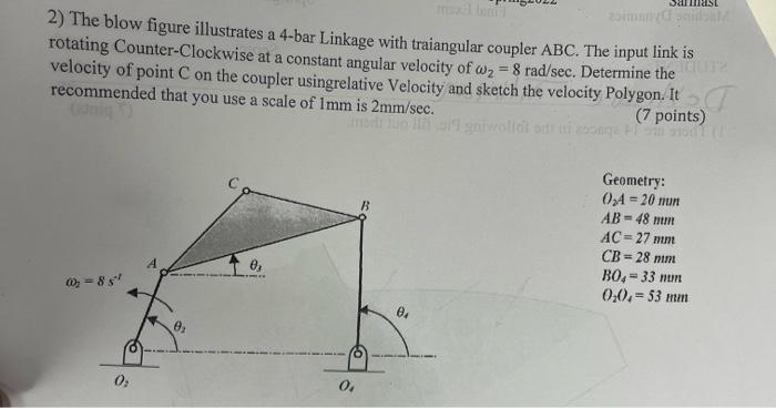 Mo 2 The Blow Figure Illustrates A 4 Bar Linkage With Traiangular Coupler Abc The Input Link Is Rotating Counter Clock 1