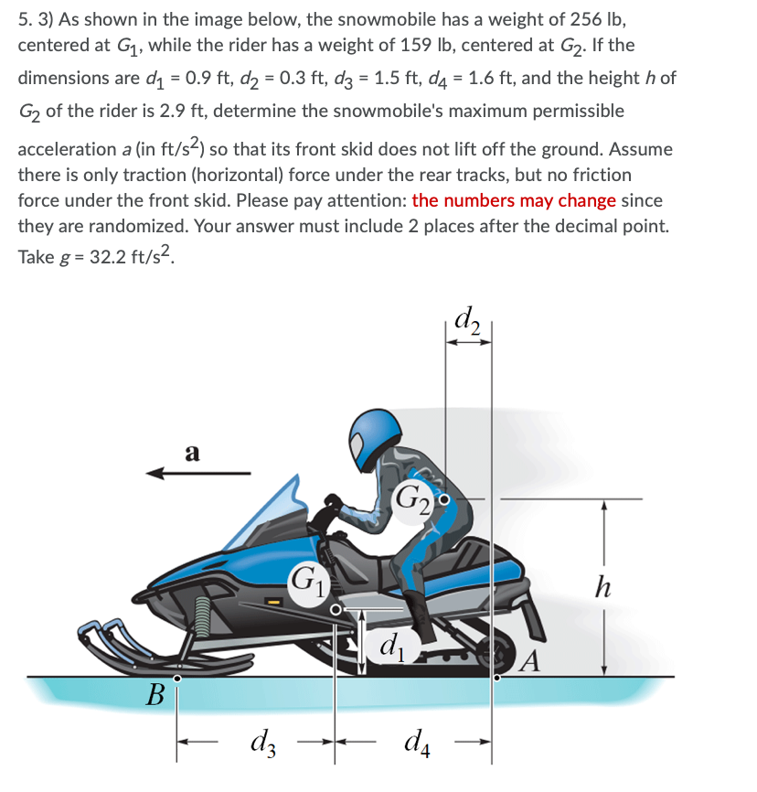 5 3 As Shown In The Image Below The Snowmobile Has A Weight Of 256 Lb Centered At G1 While The Rider Has A Weight Of 1