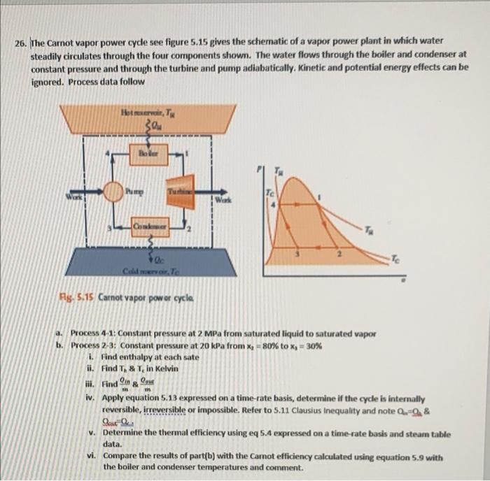 26 The Carnot Vapor Power Cycle See Figure 5 15 Gives The Schematic Of A Vapor Power Plant In Which Water Steadily Circ 1