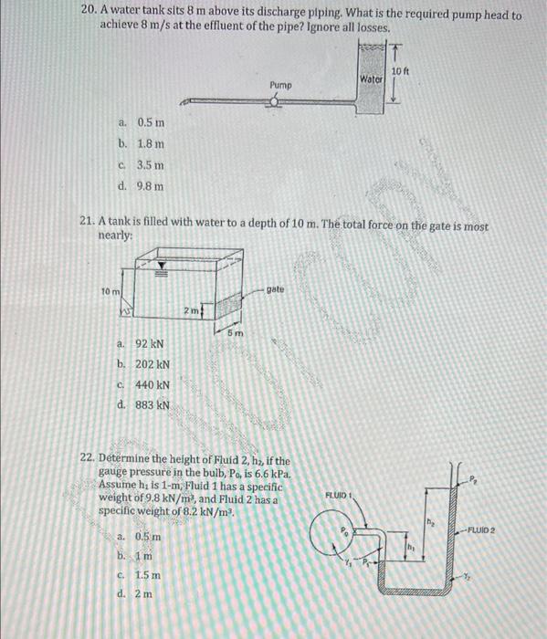 20 A Water Tank Sits 8 M Above Its Discharge Piping What Is The Required Pump Head To Achieve 8 M S At The Effluent Of 1