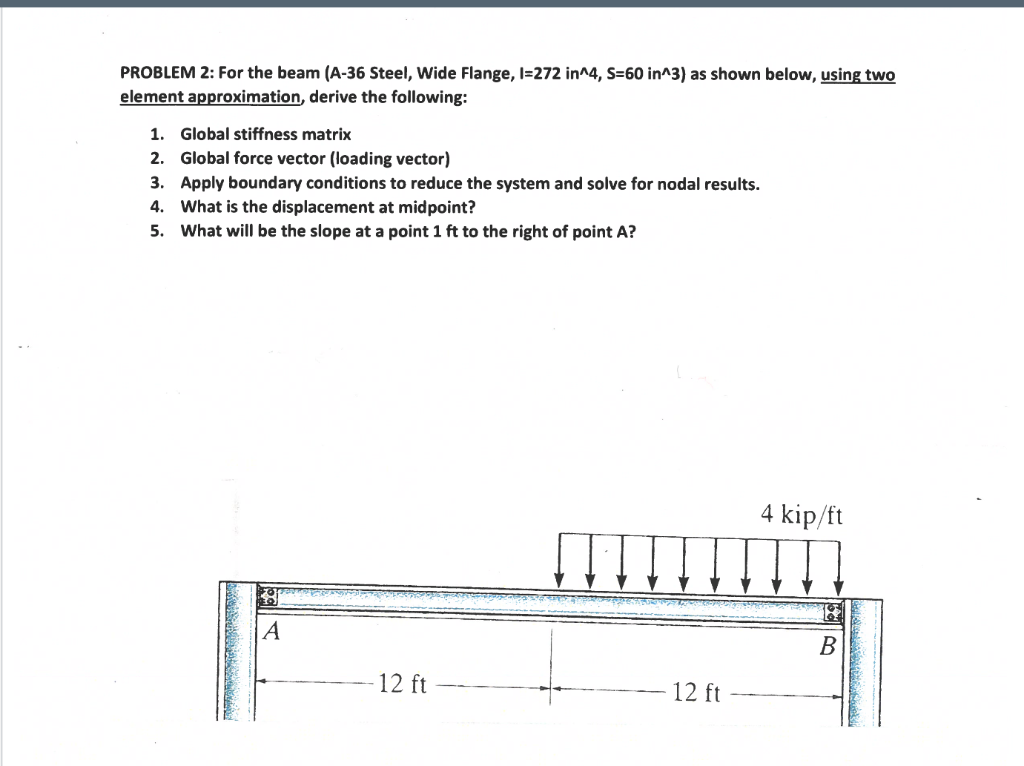 Problem 2 For The Beam A 36 Steel Wide Flange L 272 In 4 S560 In 3 As Shown Below Using Two Element Approximation 1
