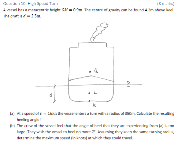Question 10 High Speed Turn 8 Marks A Vessel Has A Metacentric Height Gm 0 9m The Centre Of Gravity Can Be Found 4 1