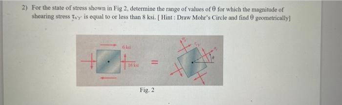 2 For The State Of Stress Shown In Fig 2 Determine The Range Of Values Of For Which The Magnitude Of Shearing Stress T 1