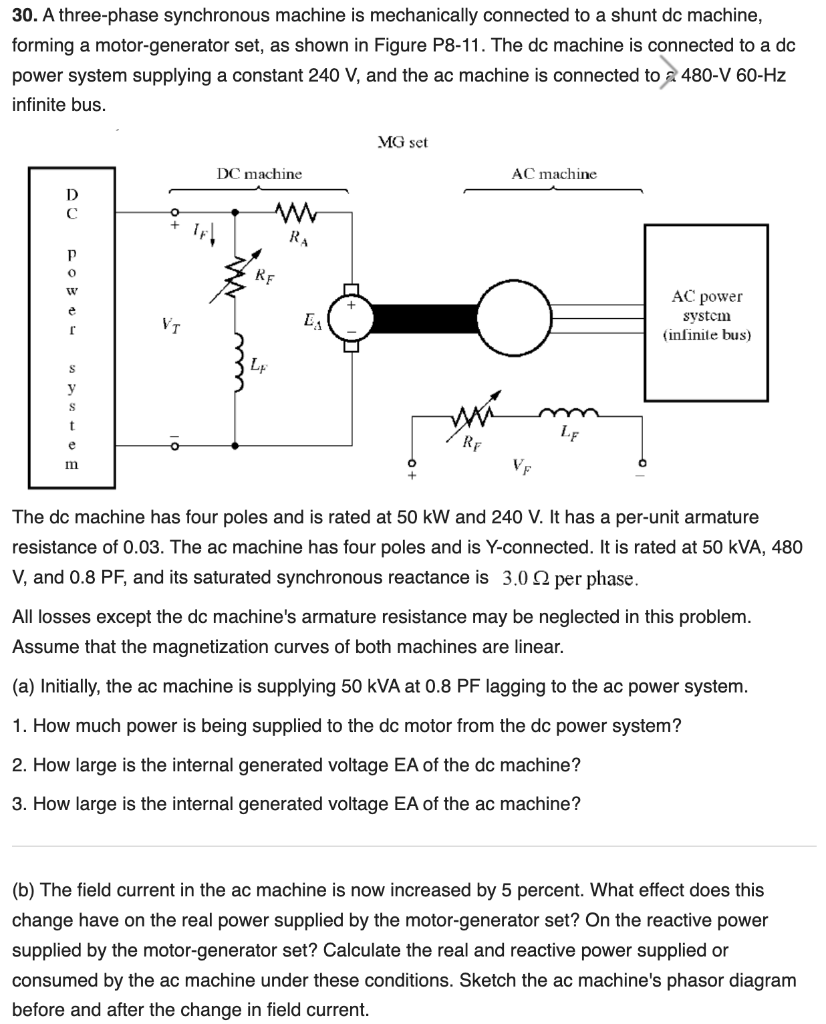 30 A Three Phase Synchronous Machine Is Mechanically Connected To A Shunt Dc Machine Forming A Motor Generator Set As 1