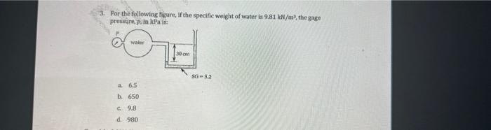 3 For The Following Fire If The Specific Weight Of Water Is 9 81 Kn M The Gage Pressure P In K Pais 30 Sg 3 2 A 6 5 1