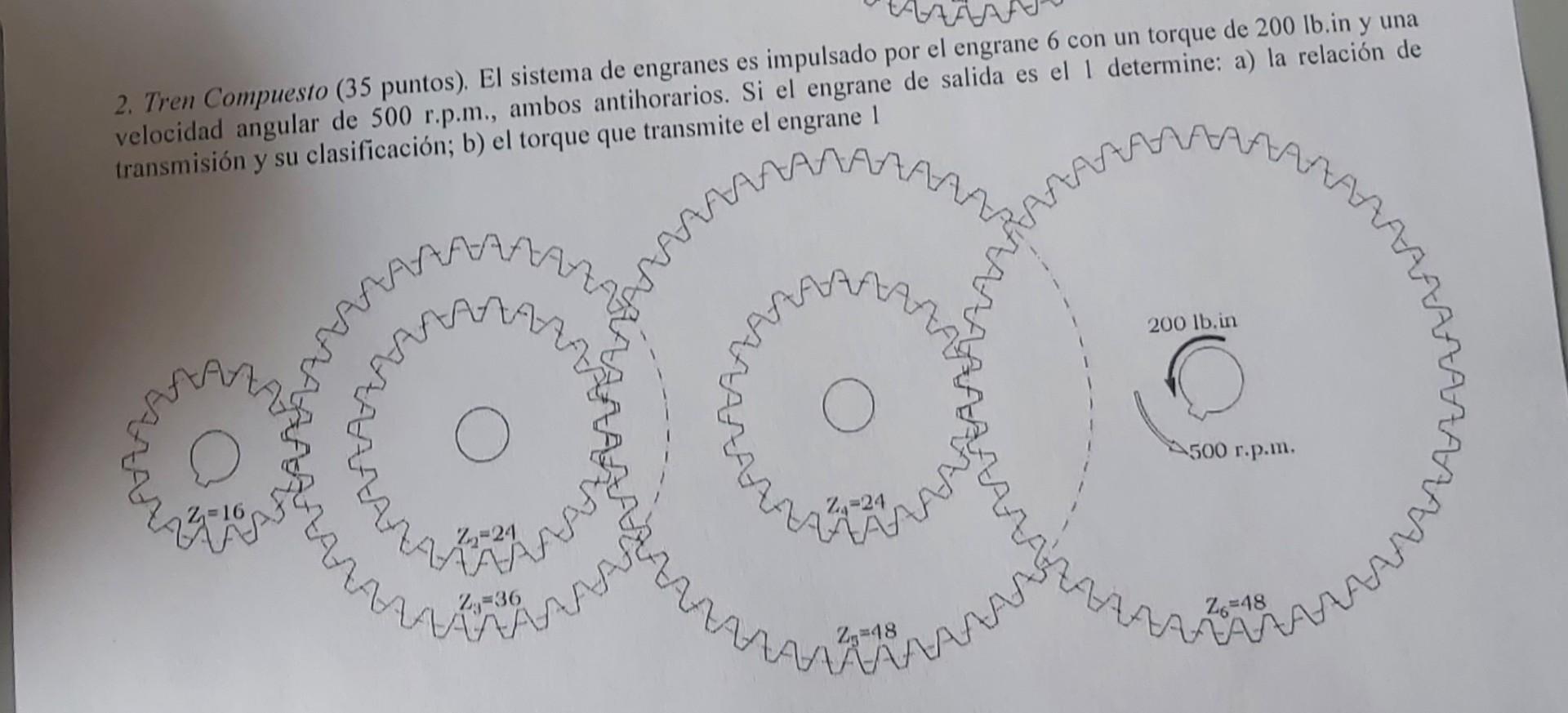 2 Compound Train 35 Points The Gear System Is Driven By Gear 6 With A Torque Of 200 Ib In And A Angular Speed Of 500 1