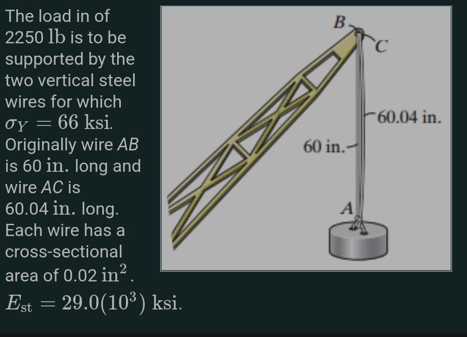 B C 60 04 In 60 In The Load In Of 2250 Lb Is To Be Supported By The Two Vertical Steel Wires For Which Oy 66 Ksi Or 1