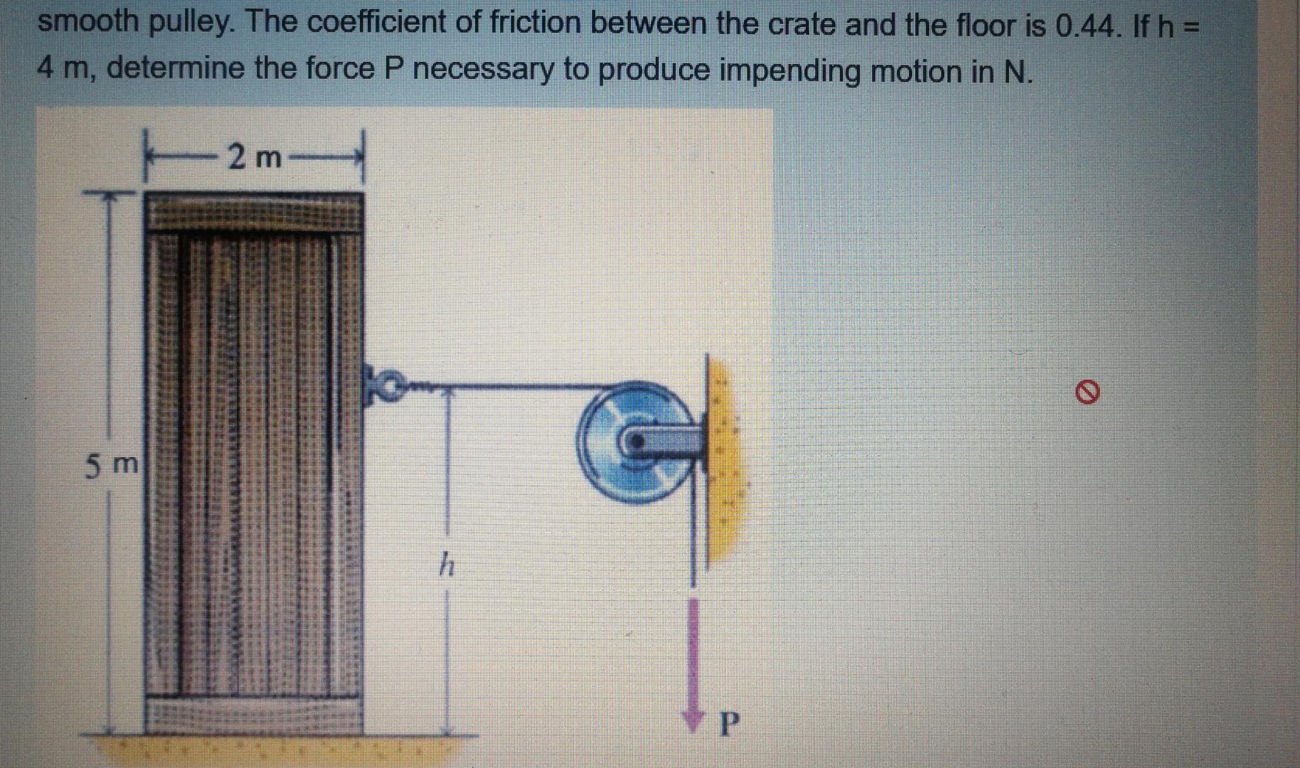 Smooth Pulley The Coefficient Of Friction Between The Crate And The Floor Is 0 44 If H 4 M Determine The Force P Ne 1