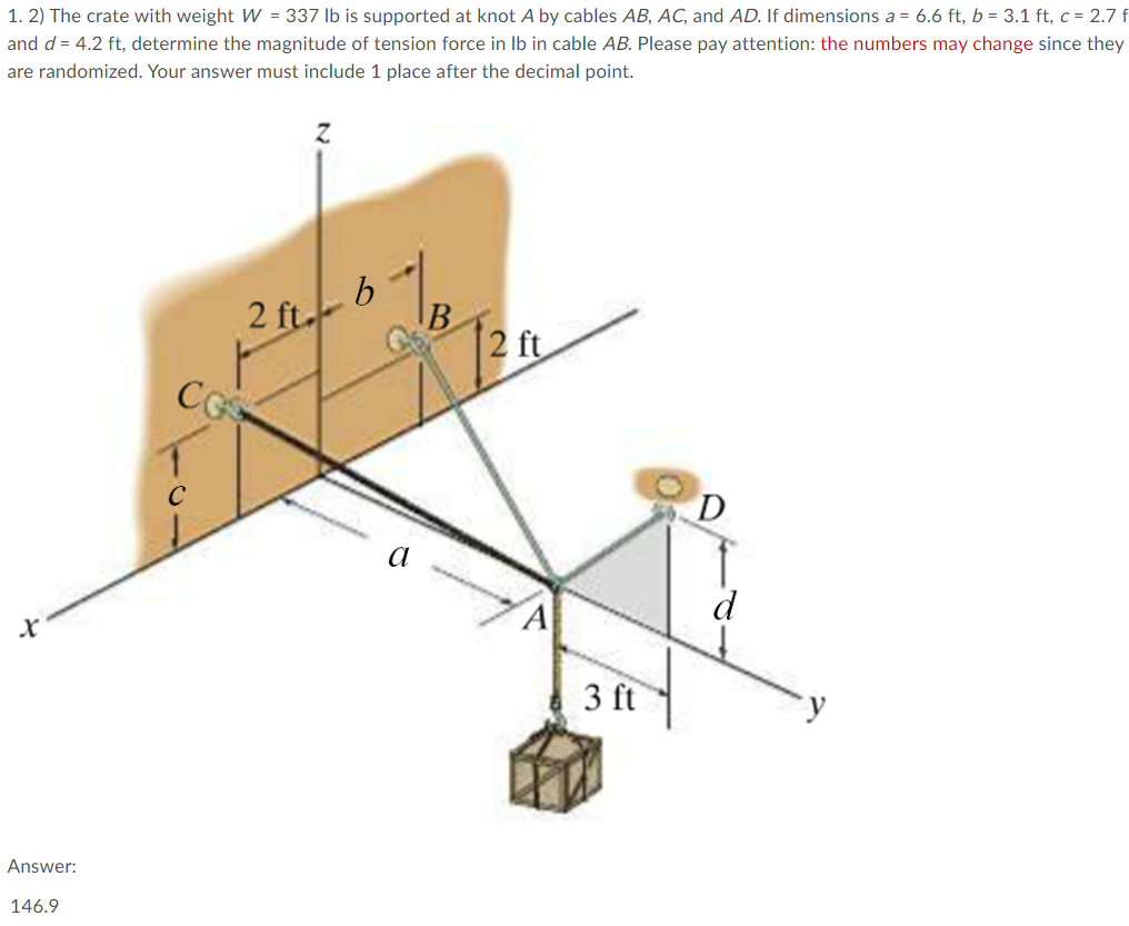 1 2 The Crate With Weight W 337 Lb Is Supported At Knot A By Cables Ab Ac And Ad If Dimensions A 6 6 Ft B 3 1