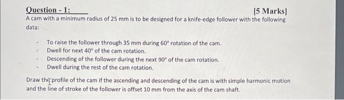 Question 1 15 Marks A Cam With A Minimum Radius Of 25 Mm Is To Be Designed For A Knife Edge Follower With The Follow 2
